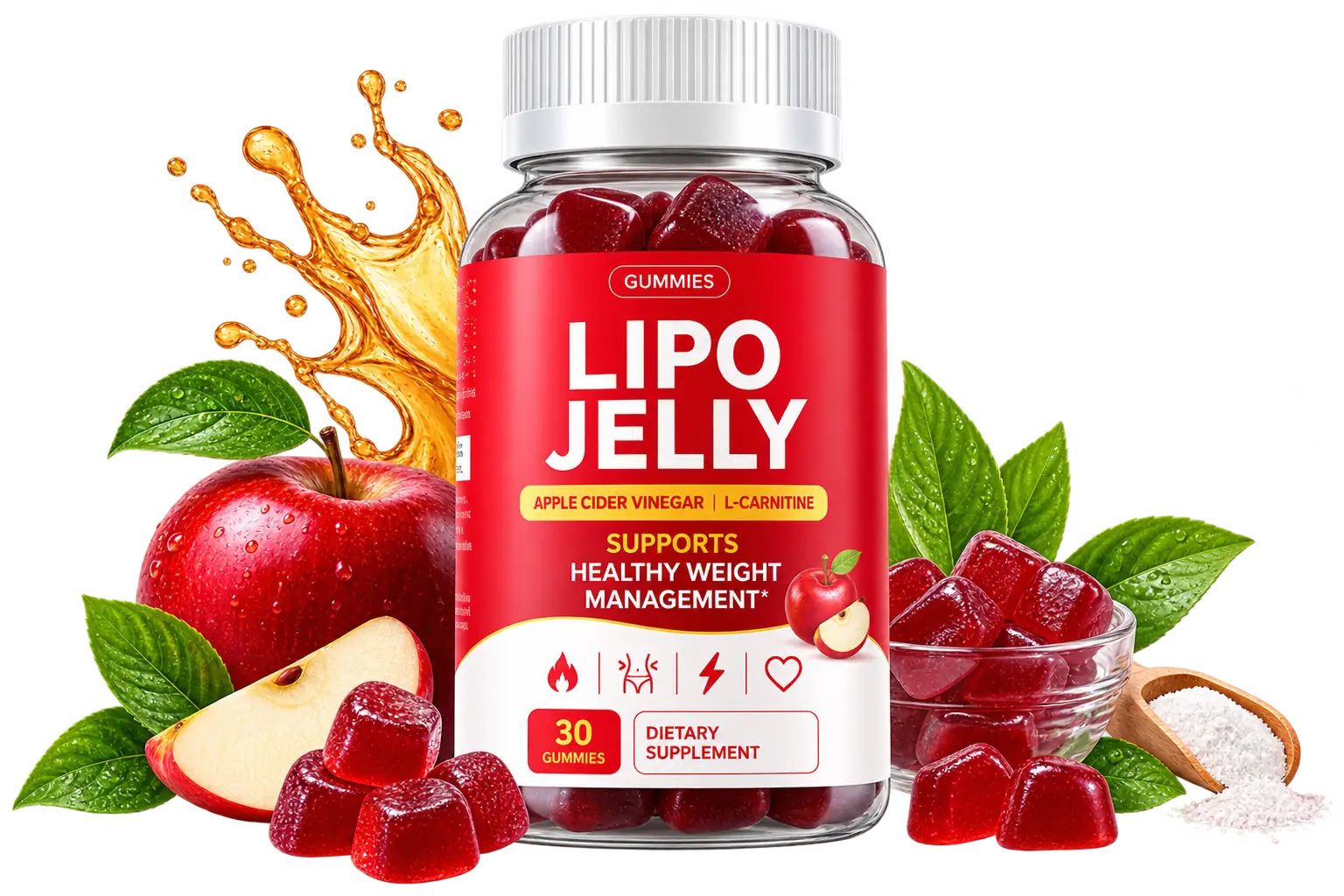 LipoJelly Apple Cider Vinegar gummy bottle surrounded by fresh apples